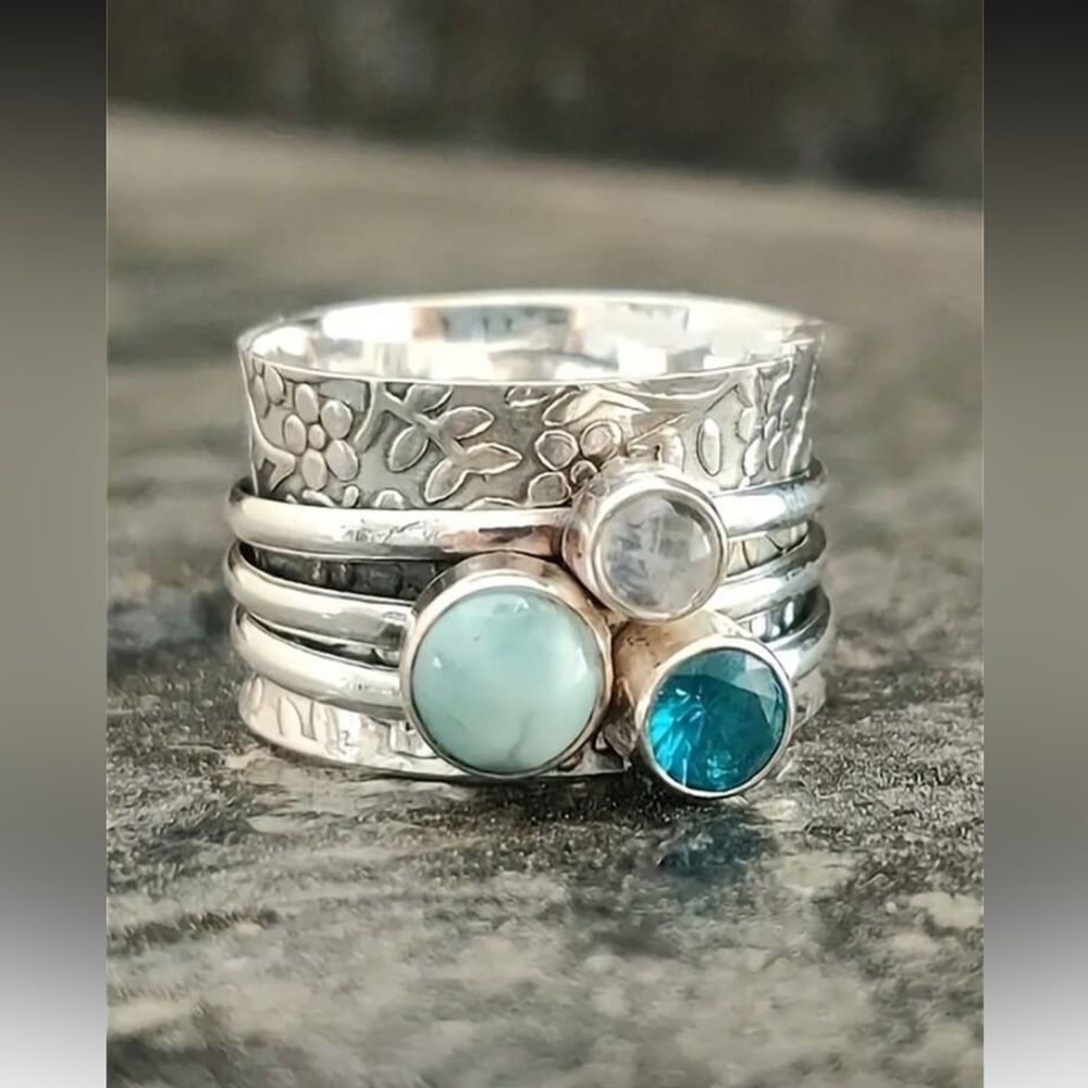 Free People Silver Stackable Rings with Blue and Aqua Stones